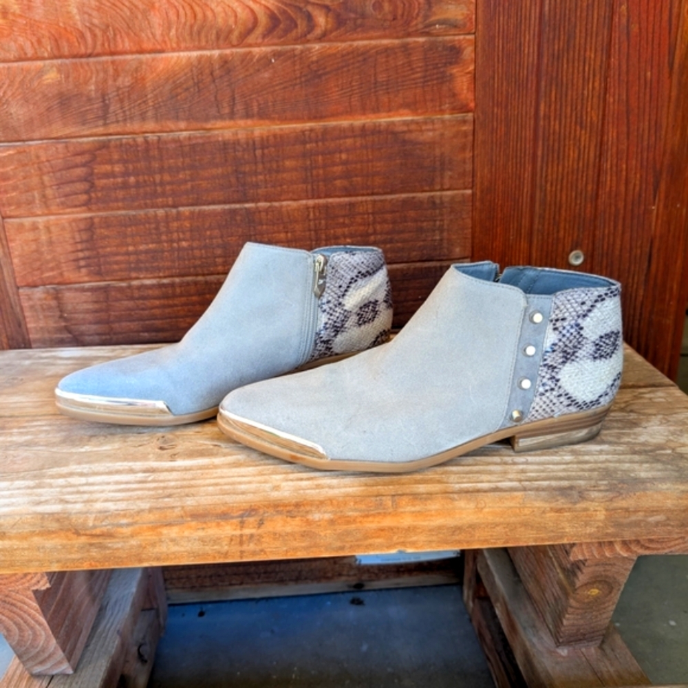 Gray Suede Ankle Boots with Snakeskin Detail